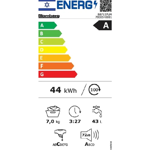 מכונת כביסה 7 ק"ג דגם BLOMBERG BB7107UM לבן