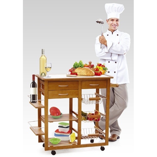 עגלת שירות למטבח עשויה מעץ אורן ובעלת משטח עבודה
