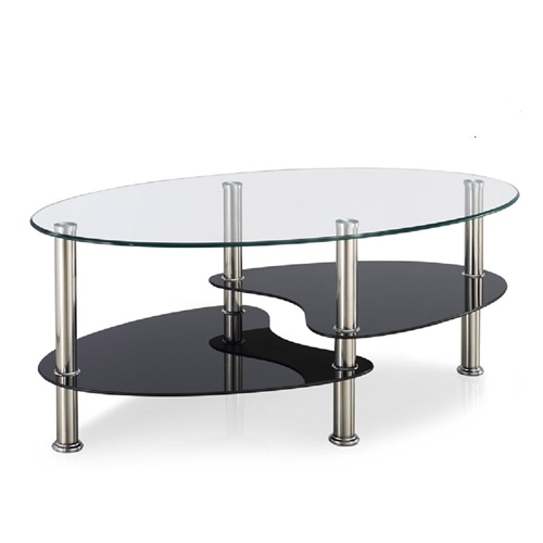 שולחן קפה מזכוכית אליפסה עם מדף תחתון מזכוכית