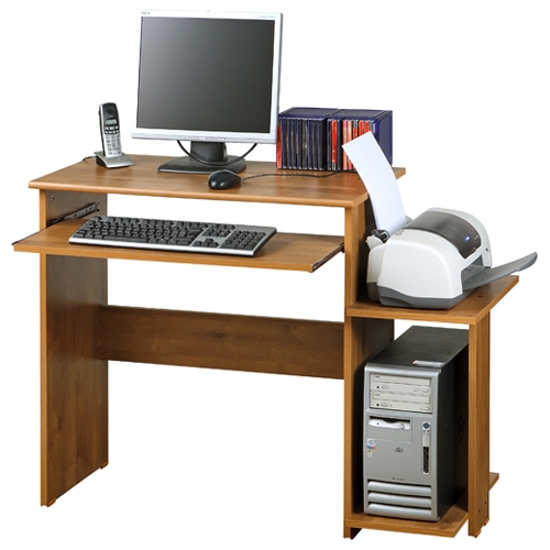שולחן מחשב עם מגירת מקלדת ומעמד למחשב ומדפסת