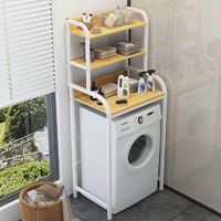 מעמד מדפים מעל מכונת הכביסה בשילוב מדפי עץ