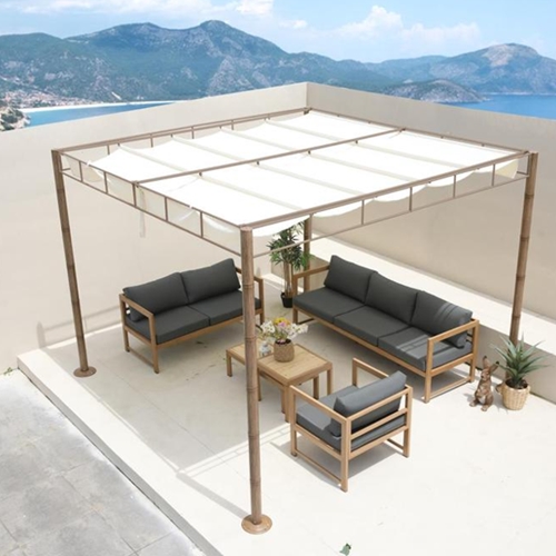 פרגולה מפוארת מאלומיניום בדמוי במבוק כוללת גג נפתח