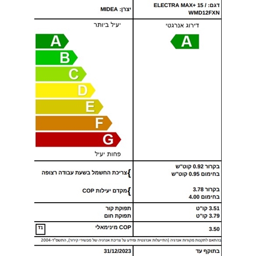מזגן עילי MAX PLUS 15 אלקטרה ELECTRA לבן