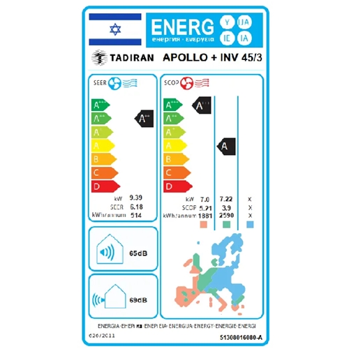 מזגן עילי TADIRAN Apollo Inverter Plus 45/3P