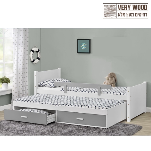 מיטת ילדים מעץ מלא עם מיטת חבר נשלפת דגם ליאור