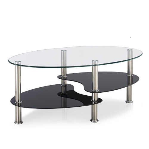 שולחן קפה מזכוכית  אליפסה עם מדף תחתון נוסף מזכוכית