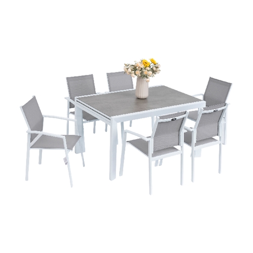 שולחן מרינו אלומיניום לבן נפתח 2.70 +4 כיסאות ארז