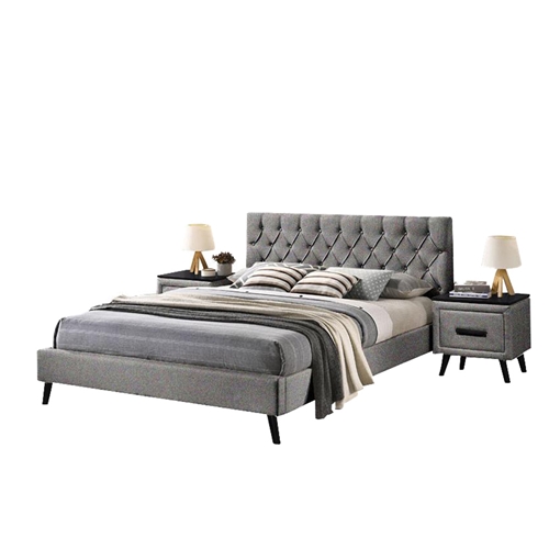 מיטה זוגית מרופדת בד + 2 שידות לילה תואמות