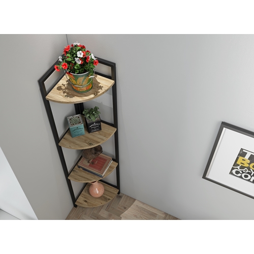 כוננית פינתית מעוצבת עשויה מתכת בשילוב עץ