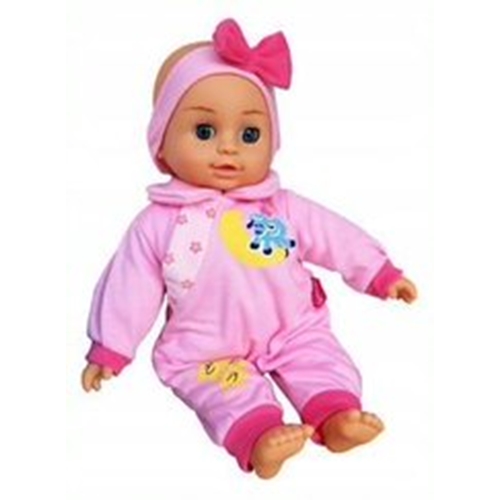 בובה מקסימה מדברת עם ביגוד ורוד תואם ועיניה נסגרות