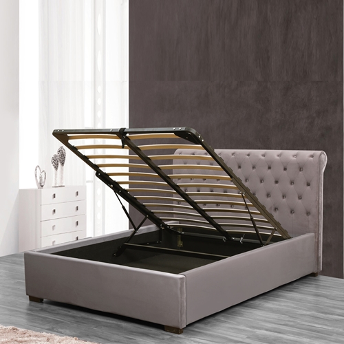 מיטה רחבה לנוער בריפוד בד קטיפתי עם ארגז מצעים מעץ