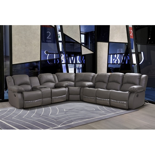 סלון דמוי עור פינתי 4 ריקליינרים ומגשי בר LEONARDO