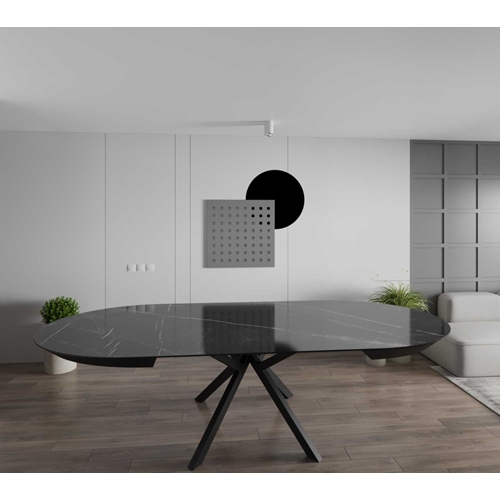 שולחן לפינת אוכל עגול דמוי שיש נפתח מעץ גרניט שחור