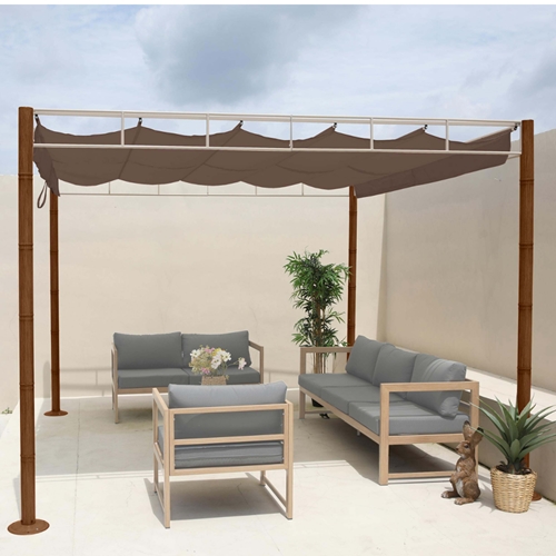 פרגולה מפוארת מאלומיניום בדמוי במבוק כוללת גג נפתח