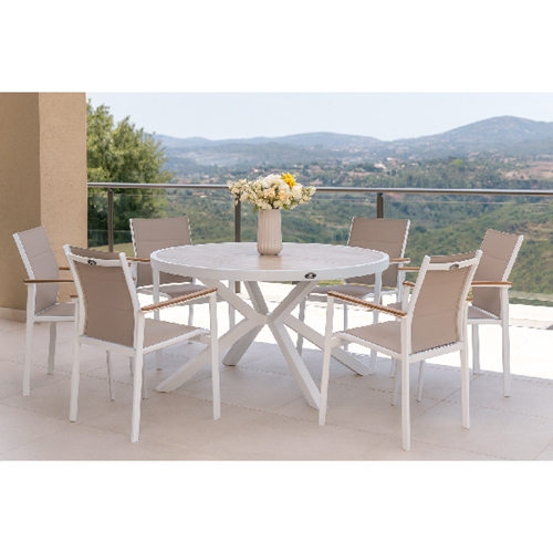 שולחן אלסקה עגול 140 ס"מ גוף לבן אלומיניום דמוי עץ