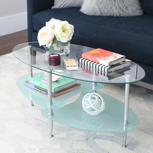 שולחן קפה מזכוכית  אליפסה עם מדף תחתון נוסף מזכוכית חלבית