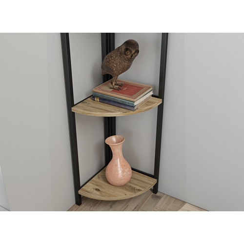 כוננית פינתית מעוצבת עשויה מתכת בשילוב עץ