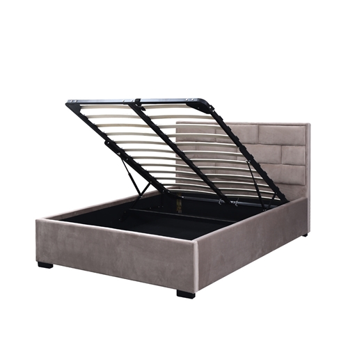 מיטה זוגית מעוצבת בריפוד בד קטיפתי עם ארגז מצעים