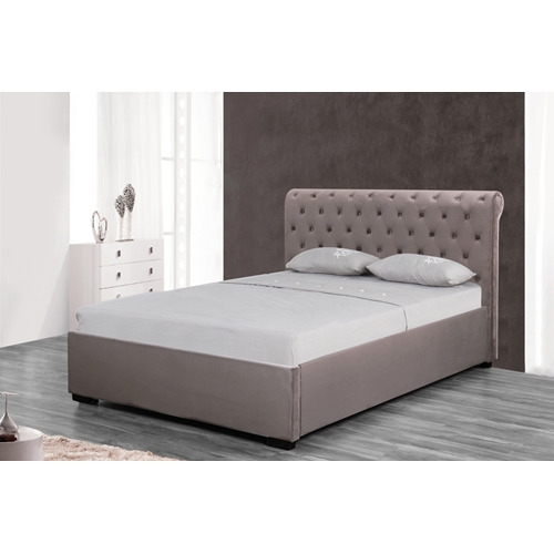 מיטה רחבה לנוער בריפוד בד קטיפתי עם ארגז מצעים מעץ