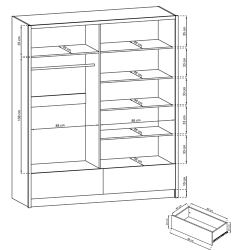 ארון הזזה 180 ס"מ עם 2 דלתות מראה ומגירות