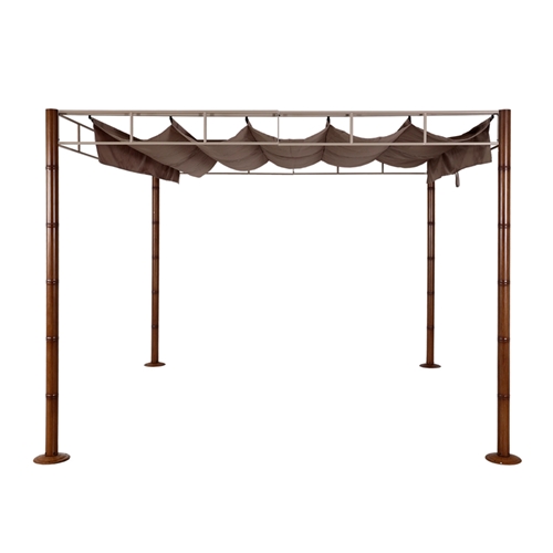 פרגולה מפוארת מאלומיניום בדמוי במבוק כוללת גג נפתח