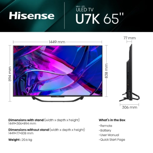 טלוויזיה חכמה HISENSE 65" ULED Mini-Led 4K 65U7KQ
