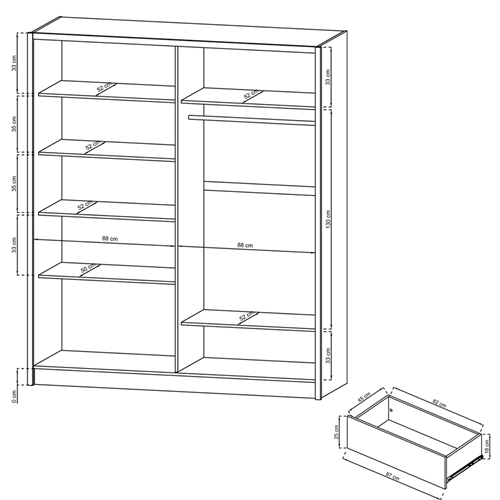 ארון בגדים 180 ס"מ משולב הזזה ופתיחה עם מראה