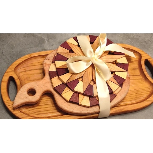 מארז מגש עץ + קרש חיתוך ותחתיות ECOSALL