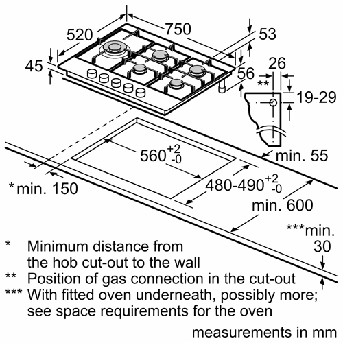 כיריים גז 5 להבות BOSCH PCS7A5I90Y נירוסטה
