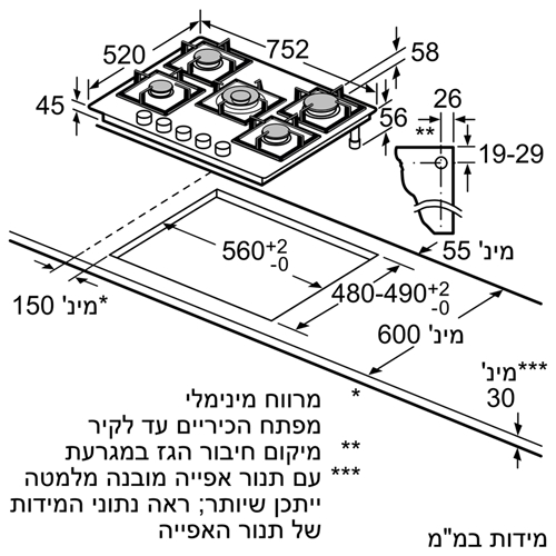 כיריים גז 5 להבות זכוכית שחורה Bosch PPQ7A6M20Y
