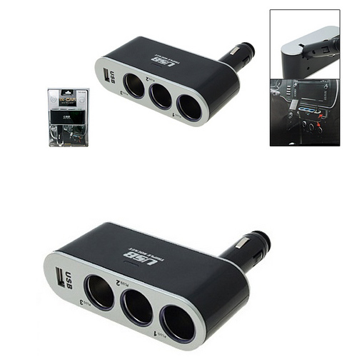 מפצל שקע מצית לרכב 1 ל 3 עם שקע USB בעל זרוע