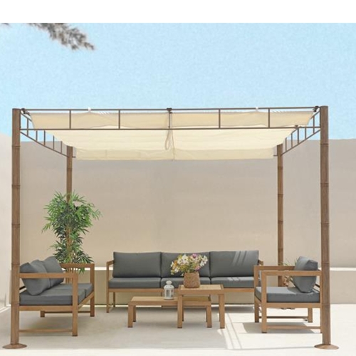 פרגולה מפוארת מאלומיניום בדמוי במבוק כוללת גג נפתח