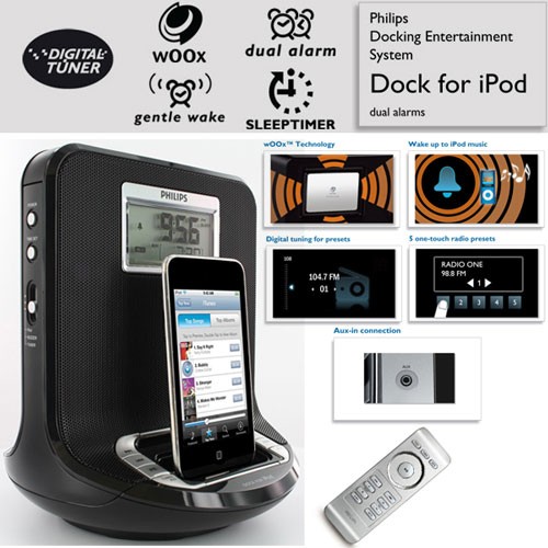 רמקולים / תחנת עגינה iPod/iPhone שלט ושעון מעורר