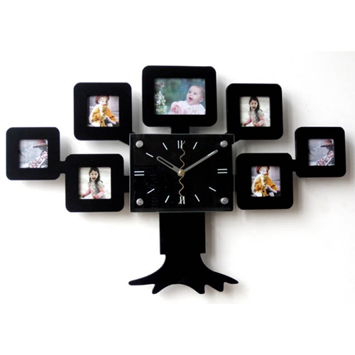שעון קיר עץ משפחה בעל 7 מסגרות לתמונה
