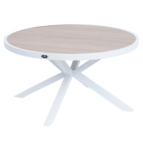 שולחן אלסקה עגול 140 ס"מ גוף לבן אלומיניום דמוי עץ