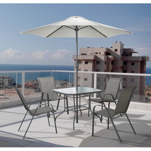 שולחן מתכת ופלטת זכוכית + שמשיה + 4 כיסאות Tuscany