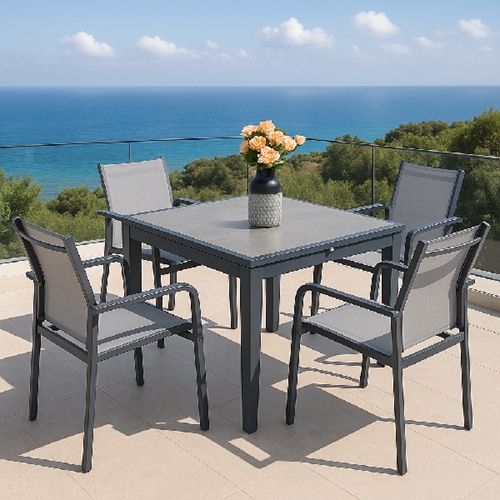 שולחן פירנצה נפתח ל 1.80 משטח זכוכית+4 כיסאות ארז