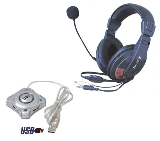 אוזניות + מפצל ל-4 כניסות USB+כבל מאריך