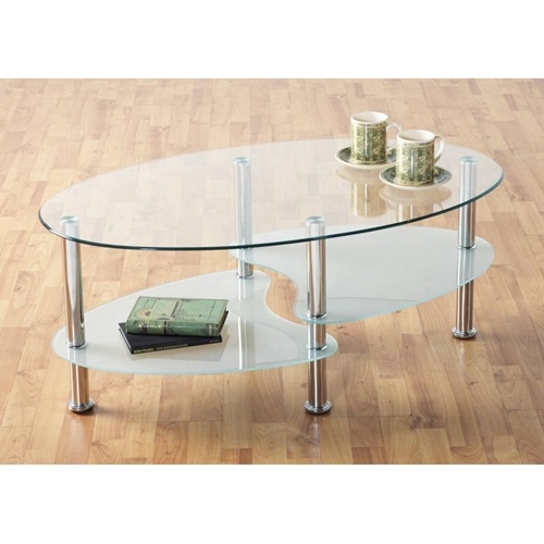 שולחן קפה מזכוכית  אליפסה עם מדף תחתון נוסף מזכוכית חלבית
