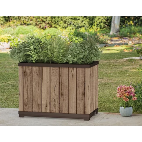 עציץ דקו מלבני גבוה דמוי עץ בגווני חום מבית KETER