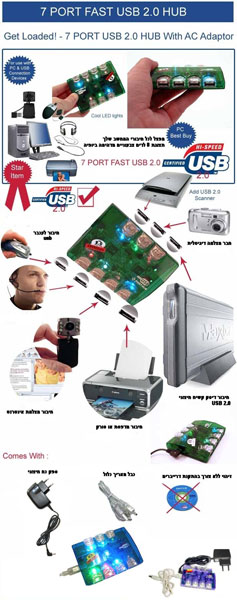 מפצל USB 2.0 ל 7 כניסות כולל ספק כח ותצוגת לדים