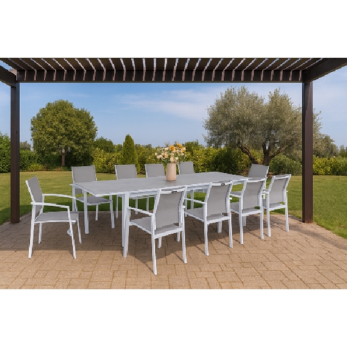 שולחן מרינו אלומיניום לבן נפתח 2.70 +4 כיסאות ארז