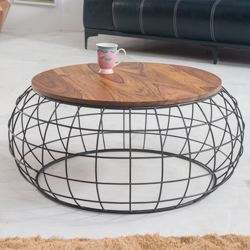 שולחן סלון עגול מעץ מלא משולב ברזל HOME DECOR