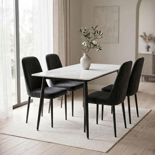 פינת אוכל מקרמיקה גוון שיש לבן 120/70 ס"מ+4 כיסאות