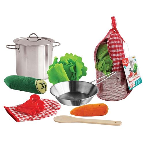 סט כלי בישול לילדים ממתכת ובד 13 חלקים - סירים, מחבת, כלי...