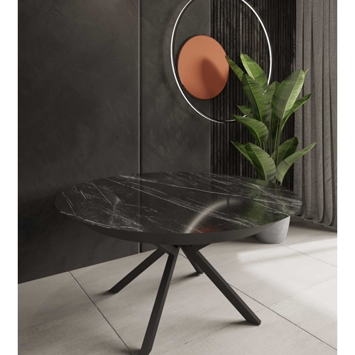 שולחן לפינת אוכל עגול דמוי שיש נפתח מעץ גרניט שחור