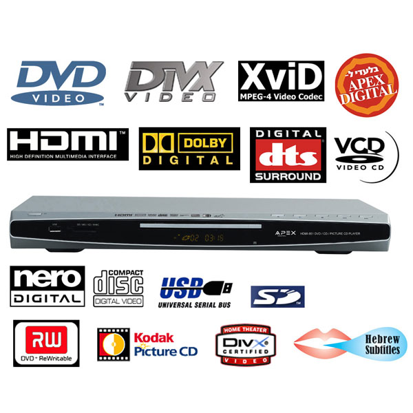 נגן DivX DVD+ יציאת HDMI קורא כתוביות עברית APEX